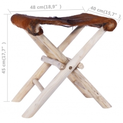 Składany stołek, skóra naturalna i lite drewno tekowe
