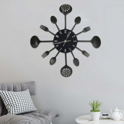 Zegar ścienny z łyżek i widelców, czarny, 40 cm, aluminium