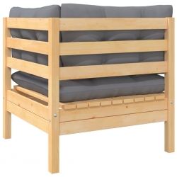 2-osobowa sofa ogrodowa z szarymi poduszkami, drewno sosnowe