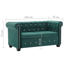 Sofa Chesterfield, 2-os., obita aksamitem, 146x75x72cm, zielona