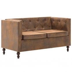 Sofa 2-osobowa Chesterfield, materiał zamszopodobny, brąz
