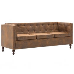 Sofa 3-osobowa Chesterfield, materiał zamszopodobny, brąz