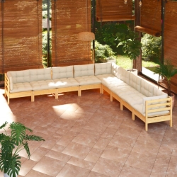 9-cz. zestaw wypoczynkowy do ogrodu, kremowe poduszki, sosnowy