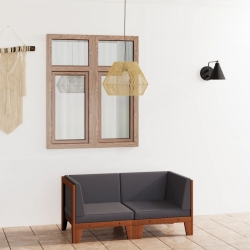 2-osobowa sofa z ciemnoszarymi poduszkami, drewno akacjowe