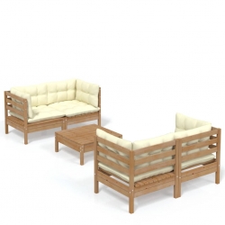 5-cz. ogrodowy zestaw wypoczynkowy, kremowe poduszki, sosnowy
