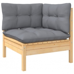 3-osobowa sofa ogrodowa z szarymi poduszkami, drewno sosnowe