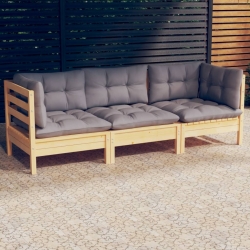 3-osobowa sofa ogrodowa z szarymi poduszkami, drewno sosnowe