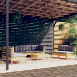 8-cz. zestaw wypoczynkowy do ogrodu, szare poduszki, sosnowy