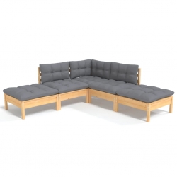 5-cz. zestaw wypoczynkowy do ogrodu, szare poduszki, sosnowy