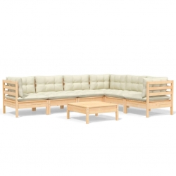 7-cz. zestaw wypoczynkowy do ogrodu, kremowe poduszki, sosnowy