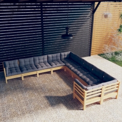 10-cz. zestaw wypoczynkowy do ogrodu, szare poduszki, sosna