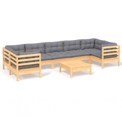 8-cz. zestaw wypoczynkowy do ogrodu, szare poduszki, sosna