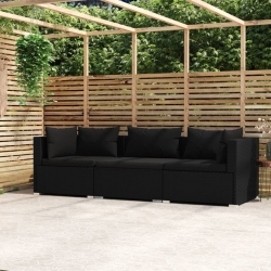 3-osobowa sofa z poduszkami, czarna, polirattan