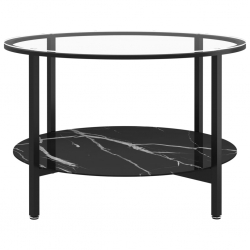 Stolik kawowy, czarna rama i marmur, szkło hartowane, 70 cm