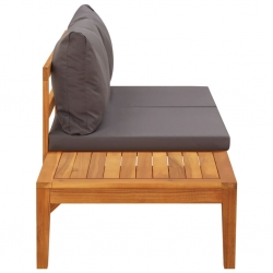 Ławka ogrodowa ze stolikiem, szare poduszki, drewno akacjowe
