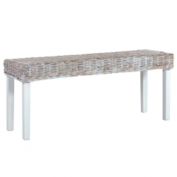 Ławka, 110 cm, biała, rattan kubu i lite drewno mango