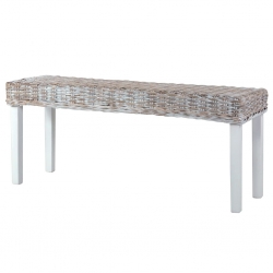 Ławka, 110 cm, biała, rattan kubu i lite drewno mango