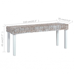 Ławka, 110 cm, biała, rattan kubu i lite drewno mango