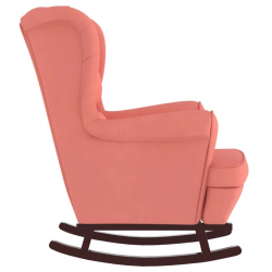 Fotel bujany na drewnianych nogach, z podnóżkiem, różowy