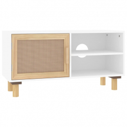 Stolik pod TV, biały, 80x30x40 cm, drewno sosnowe i rattan
