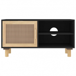 Stolik pod TV, czarny, 80x30x40 cm, drewno sosnowe i rattan