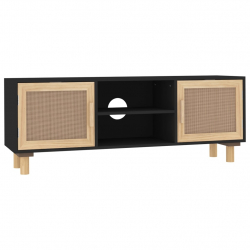 Stolik pod TV, czarny, 105x30x40 cm, drewno sosnowe i rattan