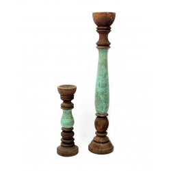 Świecznik drewniany kandelaar brązowo - miętowy 35 cm