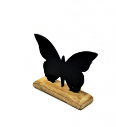 Motyl z metalu na podstawie z drewna mango Czarny